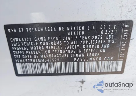 2021 Volkswagen Jetta 1.4T R-Line/1.4T S/1.4T Se z USA, uszkodzony, nr VIN 3VWC57BU3MM047529